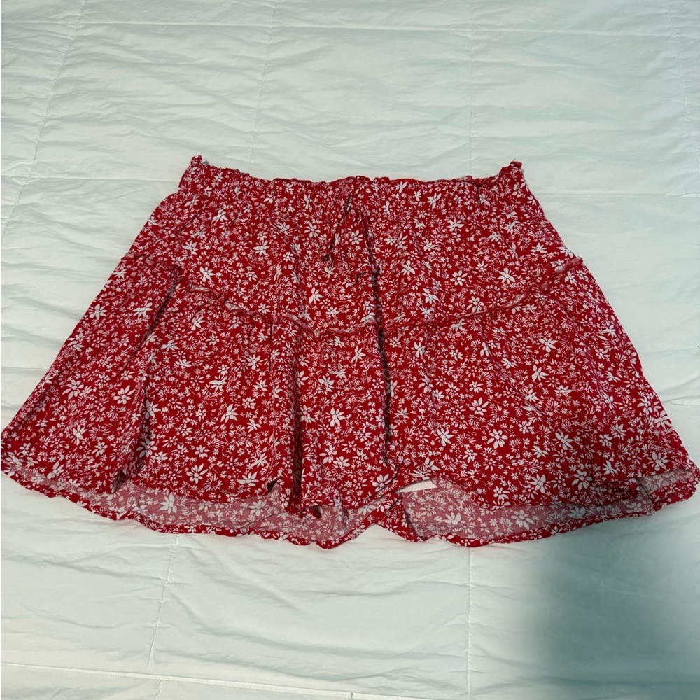 Pink Lily Red Floral Skirt